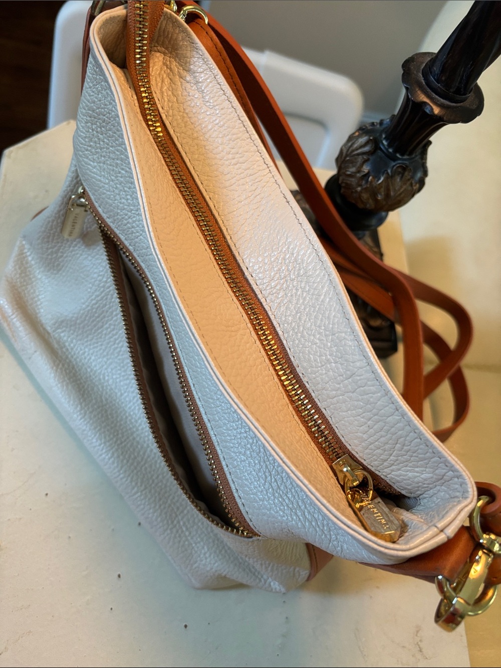 Valentina White Leather Shoulder Bag with Brown Trim - Picture 8 of 9